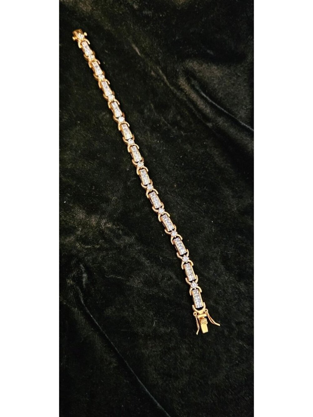 Gold-Tone Tennis Bracelet With Clear Rectangular & Round Stones 7 Inches Long El